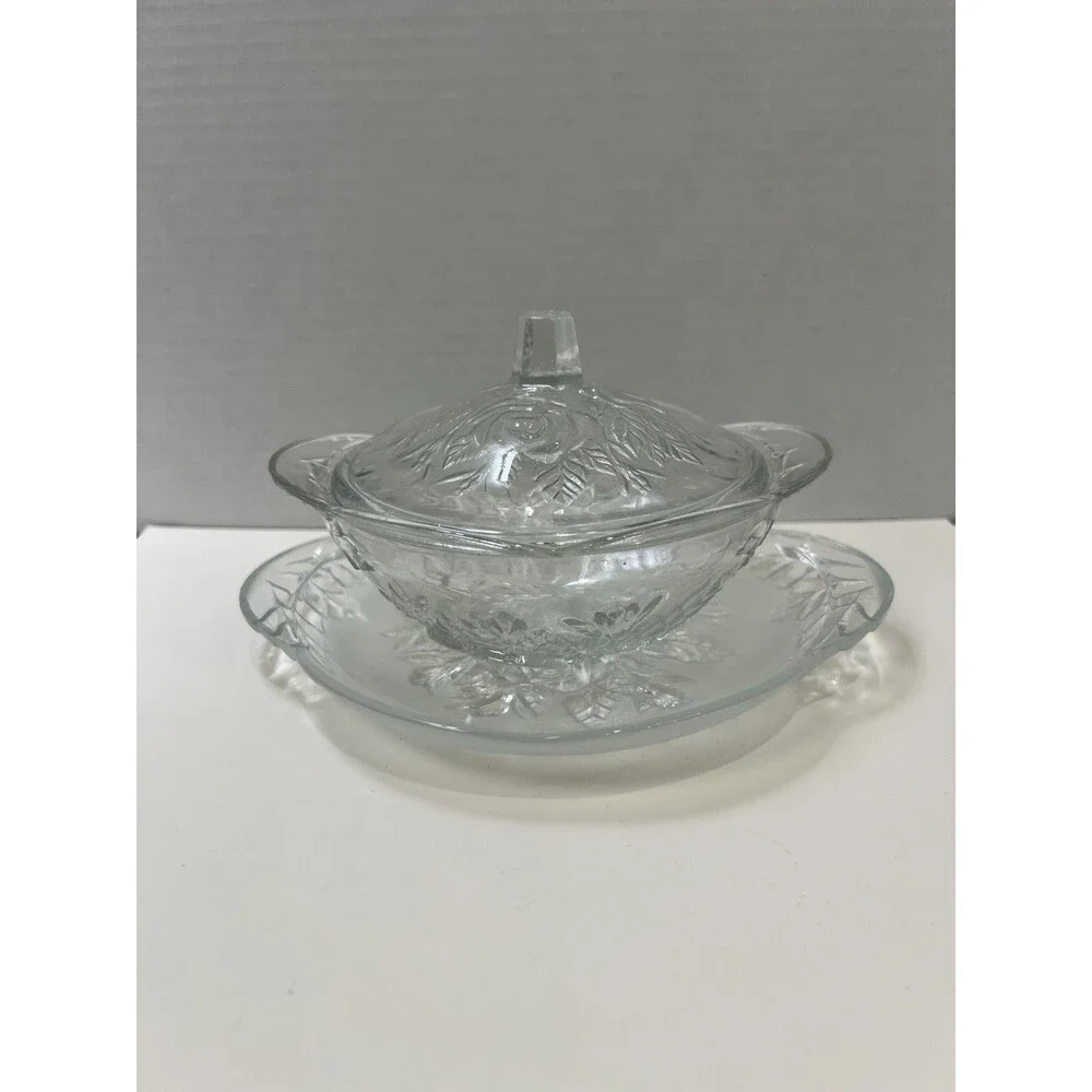 Vintage Pressed Roses Glass Candy  Dish Jar Lid 5 1/2” Underplate Frosted 8”